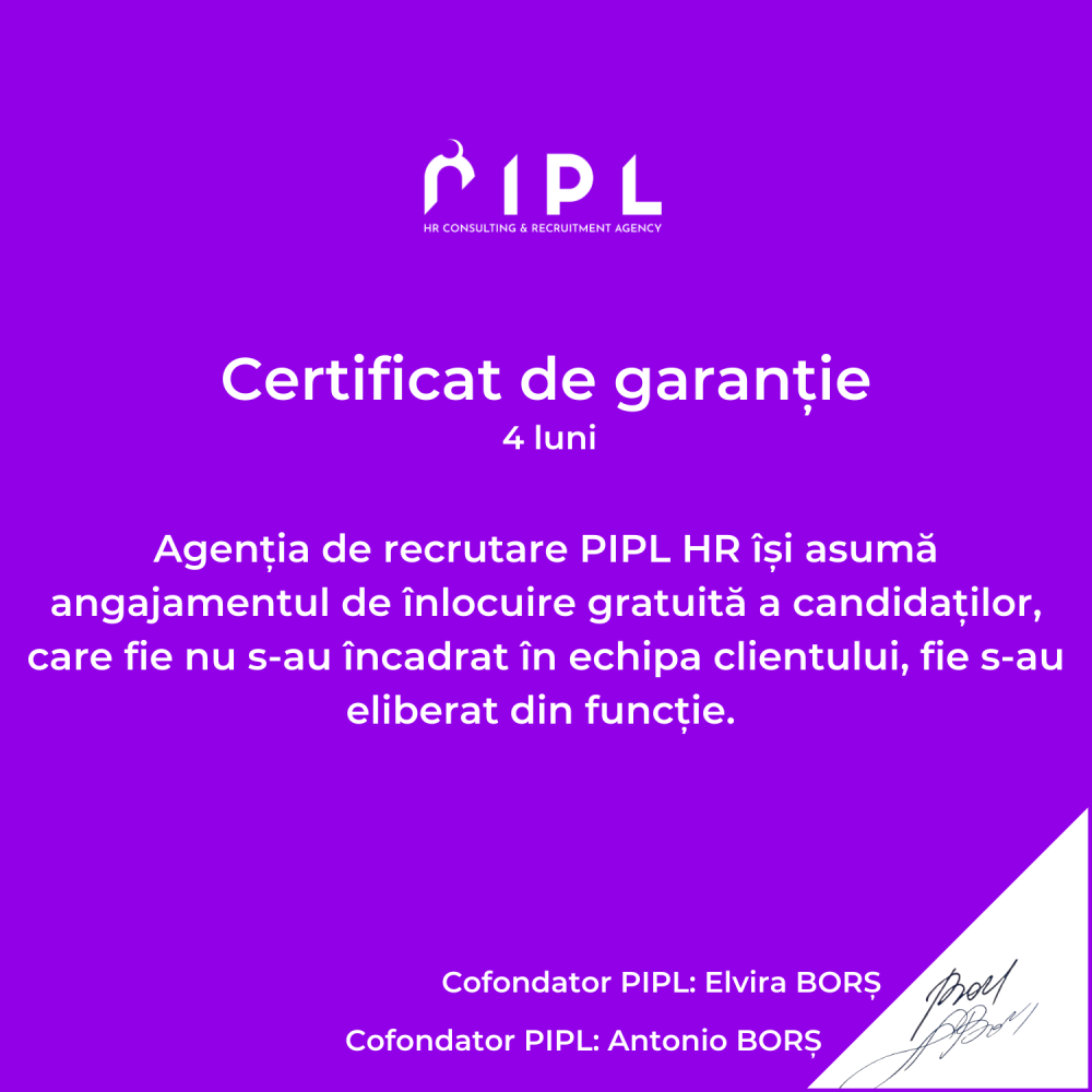 Agenția de recrutare PIPL HR își asumă angajamentul de înlocuire gratuită a candidaților, care fie nu s-au încadrat în echipa clientului, fie s-au eliberat din funcție. (1) Agenția de recrutare PIPL HR își asumă angajamentul de înlocuire gratuită a candidaților, care fie nu s-au încadrat în echipa clientului, fie s-au eliberat din funcție. (1)
